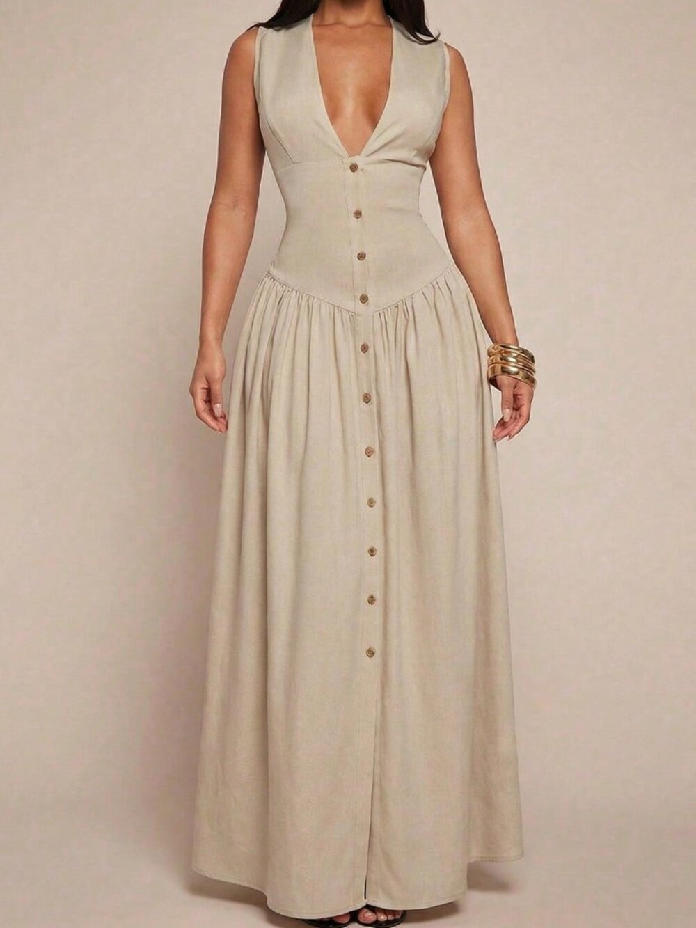 Khaki Elegant Women's V-Neck Sleeveless Waist-Cinched Button-Front Shirt dress - Picture 3 of 6